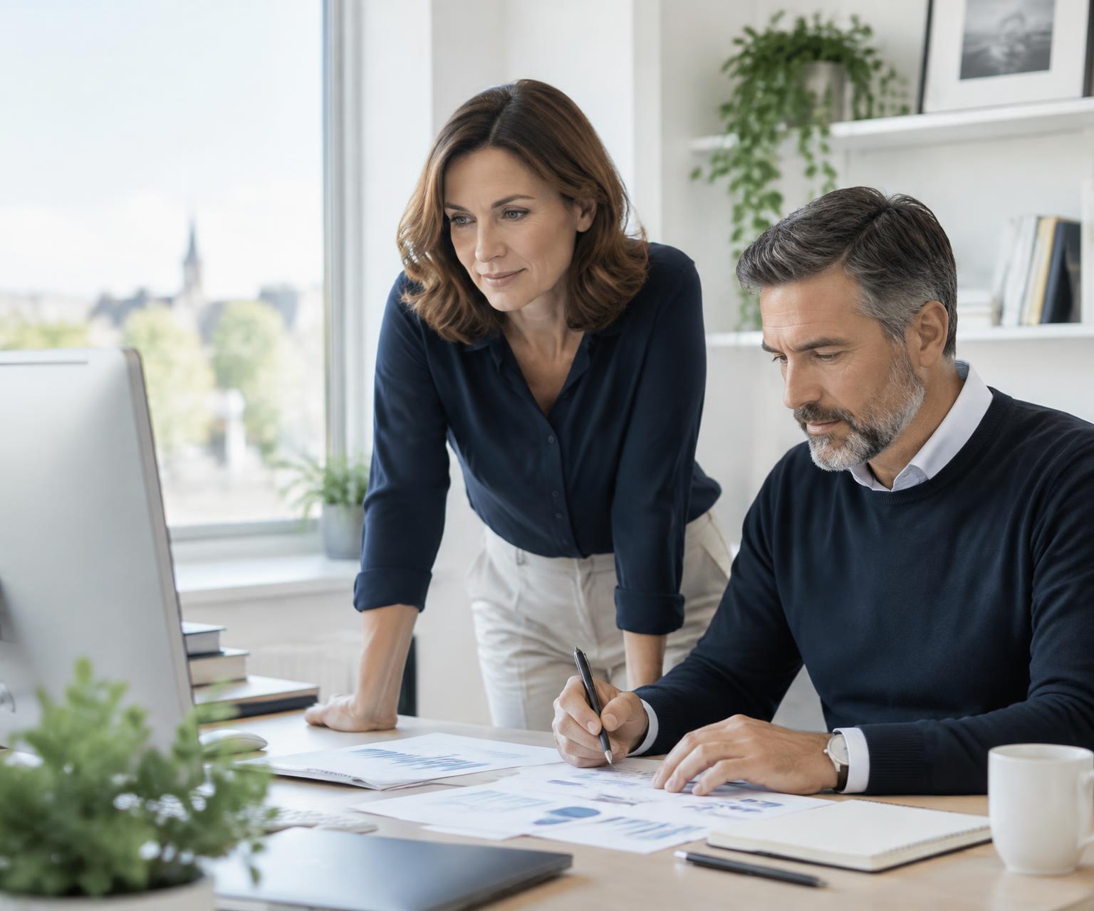 Dos personas trabajando juntas frente a un ordenador, revisando gráficos impresos